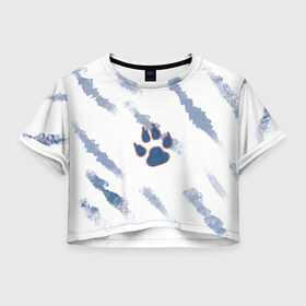 Женская футболка Crop-top 3D с принтом Лапа в Ухте, 100% полиэстер | круглая горловина, длина футболки до линии талии, рукава с отворотами | акварель | краски | лапа | тигр | царапины | царапка