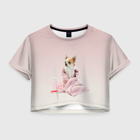 Женская футболка Crop-top 3D с принтом собачка полотенце процедуры  в Ухте, 100% полиэстер | круглая горловина, длина футболки до линии талии, рукава с отворотами | ванна | выходной | градиент | душ | забота и теле | любовь к себе | мини собака | полотенце | процедуры | розовый | собака | собачка | спа | уход | чихуахуа | чихуашка | щенок