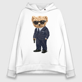 Женское худи Oversize хлопок с принтом Мишка шпион в Ухте, френч-терри — 70% хлопок, 30% полиэстер. Мягкий теплый начес внутри —100% хлопок | боковые карманы, эластичные манжеты и нижняя кромка, капюшон на магнитной кнопке | агент | костюм | крутой | мишка | очки | пистолет | плюшевый | смокинг | шпион