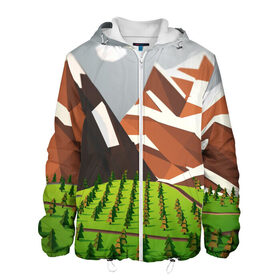 Мужская куртка 3D с принтом Горы в Ухте, ткань верха — 100% полиэстер, подклад — флис | прямой крой, подол и капюшон оформлены резинкой с фиксаторами, два кармана без застежек по бокам, один большой потайной карман на груди. Карман на груди застегивается на липучку | Тематика изображения на принте: горы | деревья | лес | минимализм | природа