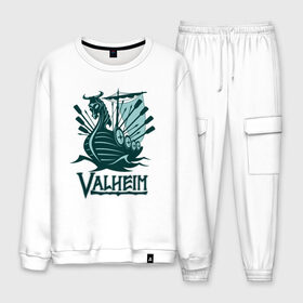 Мужской костюм хлопок с принтом Valheim в Ухте, 100% хлопок | на свитшоте круглая горловина, мягкая резинка по низу. Брюки заужены к низу, на них два вида карманов: два “обычных” по бокам и два объемных, с клапанами, расположенные ниже линии бедра. Брюки с мягкой трикотажной резинкой на поясе и по низу штанин. В поясе для дополнительного комфорта — широкие завязки | fantasy | mmo | valheim | valve | валхейм | вальхейм | викинги | выживалка | игра | королевская битва | ммо | ролевая игра | фэнтази