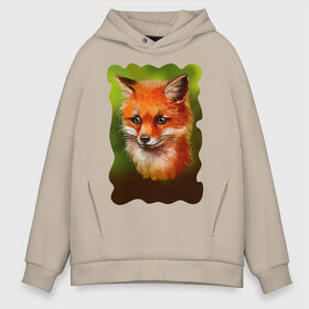Мужское худи Oversize хлопок с принтом Лисичка в Ухте, френч-терри — 70% хлопок, 30% полиэстер. Мягкий теплый начес внутри —100% хлопок | боковые карманы, эластичные манжеты и нижняя кромка, капюшон на магнитной кнопке | fox | зверек | лиса | лисы | плутовка | рисунок | рыжая