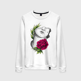 Женский свитшот хлопок с принтом Head of david in flowers в Ухте, 100% хлопок | прямой крой, круглый вырез, на манжетах и по низу широкая трикотажная резинка  | 8 марта | girl | woman | бабушка | весна | девушкам | девушке | девушки | женский | листья | мама | март | пионы | подарок | тренд | цветочки | цветы
