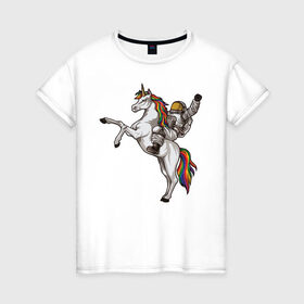 Женская футболка хлопок с принтом Космонавт на единороге в Ухте, 100% хлопок | прямой крой, круглый вырез горловины, длина до линии бедер, слегка спущенное плечо | astronaut | cosmos | elon musk | horse | nasa | planet | rainbow | space | spacex | star | unicorn | universe | астронавт | вселенная | галактика | единорог | звезда | илон маск | космонавт | космос | лошадь | наса | планета | радуга | спэйсх
