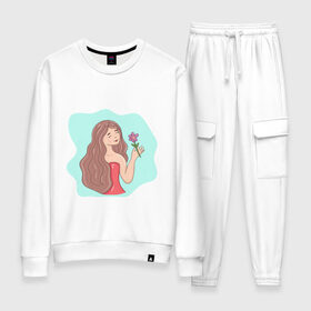 Женский костюм хлопок с принтом Девушка в Ухте, 100% хлопок | на свитшоте круглая горловина, мягкая резинка по низу. Брюки заужены к низу, на них два вида карманов: два 