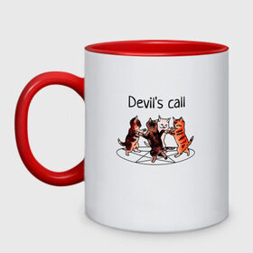 Кружка двухцветная с принтом Calling the Devil в Ухте, керамика | объем — 330 мл, диаметр — 80 мм. Цветная ручка и кайма сверху, в некоторых цветах — вся внутренняя часть | devil | love | pentagram | дьявол | котята | люцифер | пентаграмма | призыв