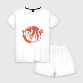 Женская пижама с шортиками хлопок Милый котик показывает пузико: в Ухте, 100% хлопок | футболка прямого кроя, шорты свободные с широкой мягкой резинкой | circle | cute | fluffy | kawaii | meow | purr | retro | vintage | белочка | винтаж | играет | игривый кот | кiт | кавайи | кот | котенок | кошка | круг | кусь | лапка | лапки | милота | мурчит | мяу | мяукает | на спине | пушистик