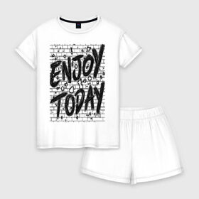 Женская пижама с шортиками хлопок с принтом Enjoy today в Ухте, 100% хлопок | футболка прямого кроя, шорты свободные с широкой мягкой резинкой | enjoy today | женщине | линии | мужчина | надпись | наслаждение