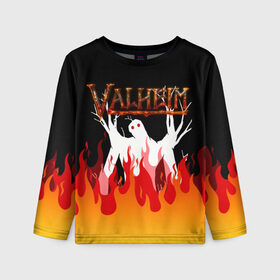 Детский лонгслив 3D с принтом VALHEIM в Ухте, 100% полиэстер | длинные рукава, круглый вырез горловины, полуприлегающий силуэт
 | coffee stain | valheim | vikings | вальхайм | вальхеим | вальхейм. | викинги | выживание | гарпун бездны | мечи