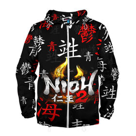 Мужская ветровка 3D с принтом NIOH 2 в Ухте, 100% полиэстер | подол и капюшон оформлены резинкой с фиксаторами, два кармана без застежек по бокам, один потайной карман на груди | Тематика изображения на принте: action | ninja | nioh | nioh 2 | игра про самурая | кровь | меч | ниндзя | ниох | ниох 2 | самурай | экшен.