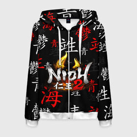 Мужская толстовка 3D на молнии с принтом NIOH 2 в Ухте, 100% полиэстер | длина до линии бедра, манжеты и пояс оформлены мягкой тканевой резинкой, двухслойный капюшон со шнурком для регулировки, спереди молния, по бокам два кармана | Тематика изображения на принте: action | ninja | nioh | nioh 2 | игра про самурая | кровь | меч | ниндзя | ниох | ниох 2 | самурай | экшен.
