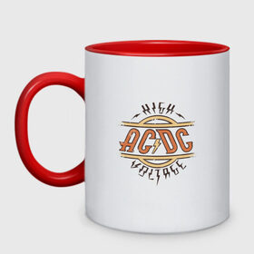Кружка двухцветная с принтом AC DC | HIGH VOLTAGE в Ухте, керамика | объем — 330 мл, диаметр — 80 мм. Цветная ручка и кайма сверху, в некоторых цветах — вся внутренняя часть | Тематика изображения на принте: ac dc | acdc | high | voltage | группы | метал | музыка | рок | хард рок | эйси диси | эйсидиси