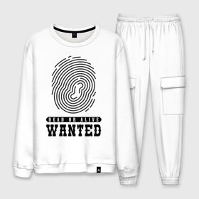 Мужской костюм хлопок с принтом Wanted в Ухте, 100% хлопок | на свитшоте круглая горловина, мягкая резинка по низу. Брюки заужены к низу, на них два вида карманов: два “обычных” по бокам и два объемных, с клапанами, расположенные ниже линии бедра. Брюки с мягкой трикотажной резинкой на поясе и по низу штанин. В поясе для дополнительного комфорта — широкие завязки | dead or alive | wanted | живой или мёртвый | отпечаток пальца | разыскивается | розыск