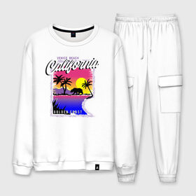 Мужской костюм хлопок с принтом California в Ухте, 100% хлопок | на свитшоте круглая горловина, мягкая резинка по низу. Брюки заужены к низу, на них два вида карманов: два “обычных” по бокам и два объемных, с клапанами, расположенные ниже линии бедра. Брюки с мягкой трикотажной резинкой на поясе и по низу штанин. В поясе для дополнительного комфорта — широкие завязки | california | coast | загар | закат | калифорния | медведь | море | отдых | пляж