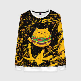Женский свитшот 3D с принтом Котобургер в Ухте, 100% полиэстер с мягким внутренним слоем | круглый вырез горловины, мягкая резинка на манжетах и поясе, свободная посадка по фигуре | брызги | булка | бургер кот | буттерброд | гамбургер | желтый | котенок | котик | котобургер | краски | оранжевый | сендвич | фаст фуд | чизбургер
