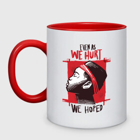 Кружка двухцветная с принтом Man в Ухте, керамика | объем — 330 мл, диаметр — 80 мм. Цветная ручка и кайма сверху, в некоторых цветах — вся внутренняя часть | art | bandage | head | inscription | man | profile | quote | арт | голова | надпись | повязка | профиль | цитата | человек