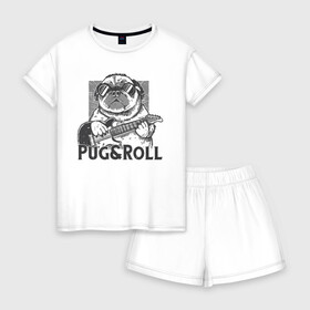 Женская пижама с шортиками хлопок с принтом Pug & Roll в Ухте, 100% хлопок | футболка прямого кроя, шорты свободные с широкой мягкой резинкой | Тематика изображения на принте: dog | drawing | guitar | music | pop art | pug | rock and roll | гитара | мопс | музыка | очки | пес | поп арт | рисунок | рок н ролл | собака