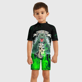 Детский купальный костюм 3D с принтом GODZILLA | ГОДЗИЛЛА в Ухте, Полиэстер 85%, Спандекс 15% | застежка на молнии на спине | comic con | godzilla | gojira | japan | logo | годзилла | знаки | иероглифы | лого | монстр | фильм | чудовище | япония