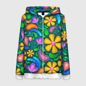 Женская толстовка 3D на молнии с принтом ЯРКИЕ ЦВЕТЫ в Ухте, 100% полиэстер | длина до линии бедра, манжеты и пояс оформлены мягкой тканевой резинкой, двухслойный капюшон со шнурком для регулировки, спереди молния, по бокам два кармана | flower | neon | букет | васильки | вввесна | ландыши | лепестки | лето | пестрый | природа | ромашки | текстуры орнамент | цветы | яркие