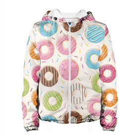 Женская куртка 3D с принтом Пончики / Donuts в Ухте, ткань верха — 100% полиэстер, подклад — флис | прямой крой, подол и капюшон оформлены резинкой с фиксаторами, два кармана без застежек по бокам, один большой потайной карман на груди. Карман на груди застегивается на липучку | bagel | cookies | donut | pastry | pie | ring | бублик | выпечка | колечко | печенье | пирожок | пончик
