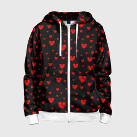 Детская толстовка 3D на молнии с принтом Красные сердца в Ухте, 100% полиэстер |  манжеты и пояс оформлены широкой мягкой резинкой, двухслойный капюшон со шнурком для регулировки, спереди карманы и застежка-молния
 | heart | love | red | red hearts. | градиент | день святого валентина | красные сердечки | красный | любовь | много сердечек | перламутр | сердце