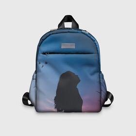 Детский рюкзак 3D с принтом Девушка в Ухте, 100% полиэстер | лямки с регулируемой длиной, сверху петелька, чтобы рюкзак можно было повесить на вешалку. Основное отделение закрывается на молнию, как и внешний карман. Внутри дополнительный карман. По бокам два дополнительных кармашка | Тематика изображения на принте: девушка | небо | облака | природа | птицы | фото