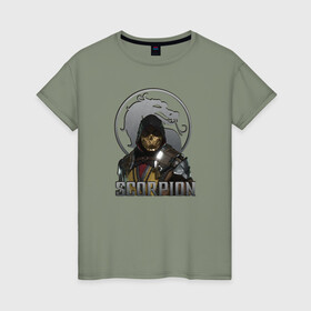 Женская футболка хлопок с принтом Скорпион в Ухте, 100% хлопок | прямой крой, круглый вырез горловины, длина до линии бедер, слегка спущенное плечо | kitana | mortal kombat | raiden | scorpion | shaokahn | sonia | subzero | vdgerir | китана | мортал комбат | райден | саб зиро | скорпион | чао хан