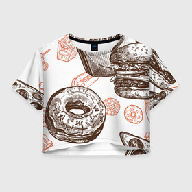 Женская футболка Crop-top 3D с принтом Вкусности в Ухте, 100% полиэстер | круглая горловина, длина футболки до линии талии, рукава с отворотами | бургер | вкусности | еда | пончик | попкорн | фастфуд | хот дог