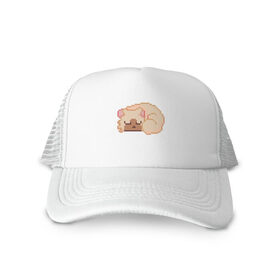 Кепка тракер с сеткой с принтом пиксельный кот бежевый в Ухте, трикотажное полотно; задняя часть — сетка | длинный козырек, универсальный размер, пластиковая застежка | Тематика изображения на принте: animal | cat | i am cat | meow | животное | зверь | кот | кот бежевый | кошка | мяу | пиксельный кот