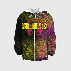 Детская куртка 3D с принтом Life is strange true color в Ухте, 100% полиэстер | застежка — молния, подол и капюшон оформлены резинкой с фиксаторами, по бокам — два кармана без застежек, один потайной карман на груди, плотность верхнего слоя — 90 г/м2; плотность флисового подклада — 260 г/м2 | Тематика изображения на принте: black | carbon | life is strange | yellow | надпись | наушники | розовый | текстура | узор | цвета