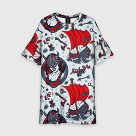 Детское платье 3D с принтом Корабли и девушка викинг в Ухте, 100% полиэстер | прямой силуэт, чуть расширенный к низу. Круглая горловина, на рукавах — воланы | Тематика изображения на принте: викинги | девушка | девушка викинг | корабли | море | океан | паттерн | пираты | стрелы | топор | хипстер | якорь