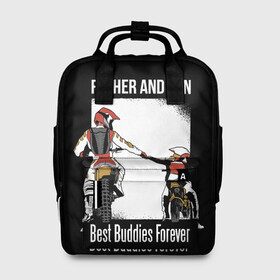 Женский рюкзак 3D с принтом Папа и сын в Ухте, 100% полиэстер | лямки с регулируемой длиной, сверху ручки, чтобы рюкзак нести как сумку. Основное отделение закрывается на молнию, как и внешний карман. Внутри два дополнительных кармана, один из которых закрывается на молнию. По бокам два дополнительных кармашка, куда поместится маленькая бутылочка
 | art | child | dad | father | lettering | motorcycles | motorcycling | son | арт | мотоспорт | мотоциклы | надпись | отец | папа | ребенок | сын