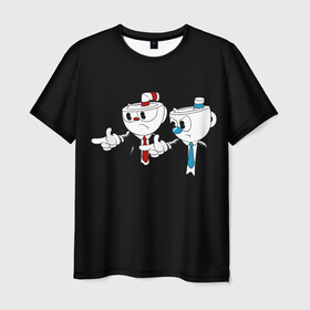 Мужская футболка 3D с принтом CUPHEAD PULP FICTION в Ухте, 100% полиэфир | прямой крой, круглый вырез горловины, длина до линии бедер | Тематика изображения на принте: art | cartoon | cup | cuphead | devil | dice | fiction | game | king | mugman | pulp | the | арт | бос | босс | голова | демон | дьявол | игра | капхед | криминальное | магмен | мультик | мультфильм | платформер | чаша | чашка | человек | черт 