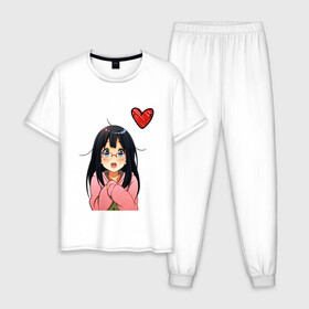 Мужская пижама хлопок с принтом Anime love в Ухте, 100% хлопок | брюки и футболка прямого кроя, без карманов, на брюках мягкая резинка на поясе и по низу штанин
 | Тематика изображения на принте: anime | аниме | девушка | очки | сердце | смущение | тян
