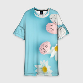 Детское платье 3D с принтом Пасха Easter в Ухте, 100% полиэстер | прямой силуэт, чуть расширенный к низу. Круглая горловина, на рукавах — воланы | Тематика изображения на принте: blue background | chamomile | daisy | easter | easter day | easter eggs | easter greeting | eggs | floral | flower | greeting | happy easter | invitation | nature | plant | seasonal | spring | воскресенье | кулич | пасха | праздник | святая пасха | христо