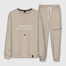 Мужской костюм хлопок с принтом RED IN WOOMEN в Ухте, 100% хлопок | на свитшоте круглая горловина, мягкая резинка по низу. Брюки заужены к низу, на них два вида карманов: два “обычных” по бокам и два объемных, с клапанами, расположенные ниже линии бедра. Брюки с мягкой трикотажной резинкой на поясе и по низу штанин. В поясе для дополнительного комфорта — широкие завязки | in woomen | red | бокал | в девушке | в женщине | в красном | вино | женщина | красное | полусладкое | сладкое | сухое