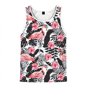 Мужская майка 3D с принтом фламинго и попугаи в Ухте, 100% полиэстер | круглая горловина, приталенный силуэт, длина до линии бедра. Пройма и горловина окантованы тонкой бейкой | птицы | тропики | фламинго