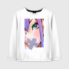 Детский лонгслив хлопок Аниме Shhhh: в Ухте, 100% хлопок | круглый вырез горловины, полуприлегающий силуэт, длина до линии бедер | ahegao | anime | eyes | japan | shh | аниме | ахегао | буквы | глаза | девушка | иероглифы | надпись | скотч | тихо | тян | япония
