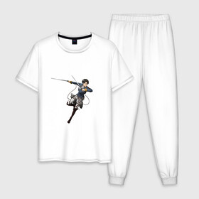 Мужская пижама хлопок с принтом Леви в Ухте, 100% хлопок | брюки и футболка прямого кроя, без карманов, на брюках мягкая резинка на поясе и по низу штанин
 | anime | attaco on titan | аниме | атака титанов | леви