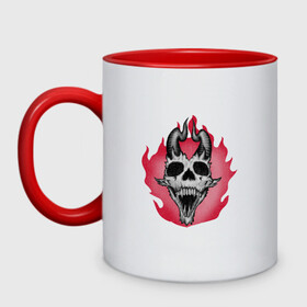 Кружка двухцветная с принтом Skull devil в Ухте, керамика | объем — 330 мл, диаметр — 80 мм. Цветная ручка и кайма сверху, в некоторых цветах — вся внутренняя часть | bone | bones | creepy | dead | death | devil | halloween | horns | horror | scary | skull | skulls | the curse | голова | дьявол | кости | ужасы | хоррор | череп
