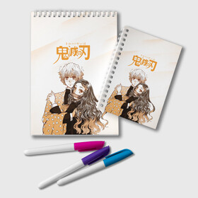 Блокнот с принтом Зеницу и Незуко Kimetsu no Yaiba в Ухте, 100% бумага | 48 листов, плотность листов — 60 г/м2, плотность картонной обложки — 250 г/м2. Листы скреплены удобной пружинной спиралью. Цвет линий — светло-серый
 | demon slayer | kamado | kimetsu no yaiba | nezuko | tanjiro | аниме | гию томиока | зеницу агацума | иноске хашибира | камадо | клинок | корзинная девочка | манга | музан кибуцуджи | незуко | рассекающий демонов | танджиро