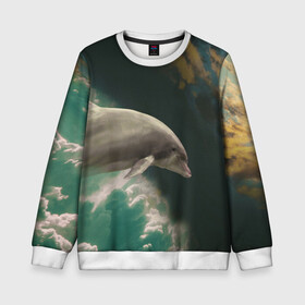 Детский свитшот 3D с принтом Дельфин в облаках в Ухте, 100% полиэстер | свободная посадка, прямой крой, мягкая тканевая резинка на рукавах и понизу свитшота | дельфин | облака | плавник | полет | свобода
