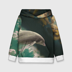 Детская толстовка 3D с принтом Дельфин в облаках в Ухте, 100% полиэстер | двухслойный капюшон со шнурком для регулировки, мягкие манжеты на рукавах и по низу толстовки, спереди карман-кенгуру с мягким внутренним слоем | дельфин | облака | плавник | полет | свобода