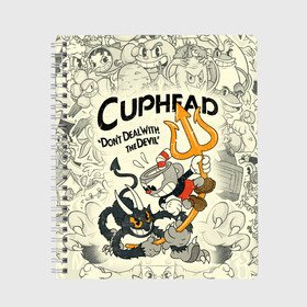 Тетрадь с принтом Cuphead and Devil в Ухте, 100% бумага | 48 листов, плотность листов — 60 г/м2, плотность картонной обложки — 250 г/м2. Листы скреплены сбоку удобной пружинной спиралью. Уголки страниц и обложки скругленные. Цвет линий — светло-серый
 | cuphead | devil | dont deal with the devil | все персонажи | дьявол | игры | капхед | чашеголовый | черт