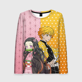 Женский лонгслив 3D с принтом ЗЕНИЦУ И НЕЗУКА КЛИНОК в Ухте, 100% полиэстер | длинные рукава, круглый вырез горловины, полуприлегающий силуэт | demon slayer | kimetsu no yaiba | nezuka | nezuko | shinobu | slayer | tanjiro | zenitsu | гию томиока | демоны | зенитсу | зенитцу | зеницу | иноске хашибира | клинок рассекающий демонов | незука | незуко | танджиро | шинобу кочо