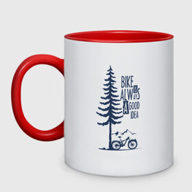 Кружка двухцветная с принтом Gooood Idea в Ухте, керамика | объем — 330 мл, диаметр — 80 мм. Цветная ручка и кайма сверху, в некоторых цветах — вся внутренняя часть | mtb | байк | велосипед | горы | дерево | лес | мтб | спорт