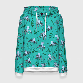 Женская толстовка 3D с принтом Осьминоги и водоросли в Ухте, 100% полиэстер  | двухслойный капюшон со шнурком для регулировки, мягкие манжеты на рукавах и по низу толстовки, спереди карман-кенгуру с мягким внутренним слоем. | nature | ocean | octopus | вода | водоросли | детям | животные | зелень | кальмар | лето | море | морские жители | мультяшный | мятный | океан | острова | осьминоги | отдых | отпуск | пляж | под водой | природа