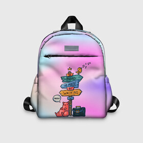 Детский рюкзак 3D с принтом Кот путешественник в Ухте, 100% полиэстер | лямки с регулируемой длиной, сверху петелька, чтобы рюкзак можно было повесить на вешалку. Основное отделение закрывается на молнию, как и внешний карман. Внутри дополнительный карман. По бокам два дополнительных кармашка | градиент | кот | портфель | птичка | путешественник | турист