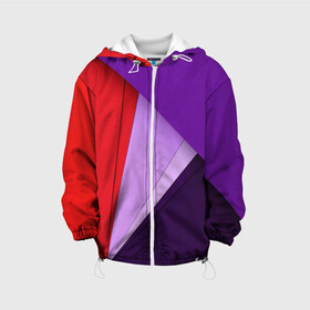 Детская куртка 3D с принтом ORIGAMI в Ухте, 100% полиэстер | застежка — молния, подол и капюшон оформлены резинкой с фиксаторами, по бокам — два кармана без застежек, один потайной карман на груди, плотность верхнего слоя — 90 г/м2; плотность флисового подклада — 260 г/м2 | origami | геометрия | красный | линии | сиреневый | треугольники