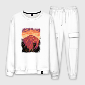 Мужской костюм хлопок с принтом Рассвет в горах в Ухте, 100% хлопок | на свитшоте круглая горловина, мягкая резинка по низу. Брюки заужены к низу, на них два вида карманов: два “обычных” по бокам и два объемных, с клапанами, расположенные ниже линии бедра. Брюки с мягкой трикотажной резинкой на поясе и по низу штанин. В поясе для дополнительного комфорта — широкие завязки | горы | деревья | рассвет | туризм | турист
